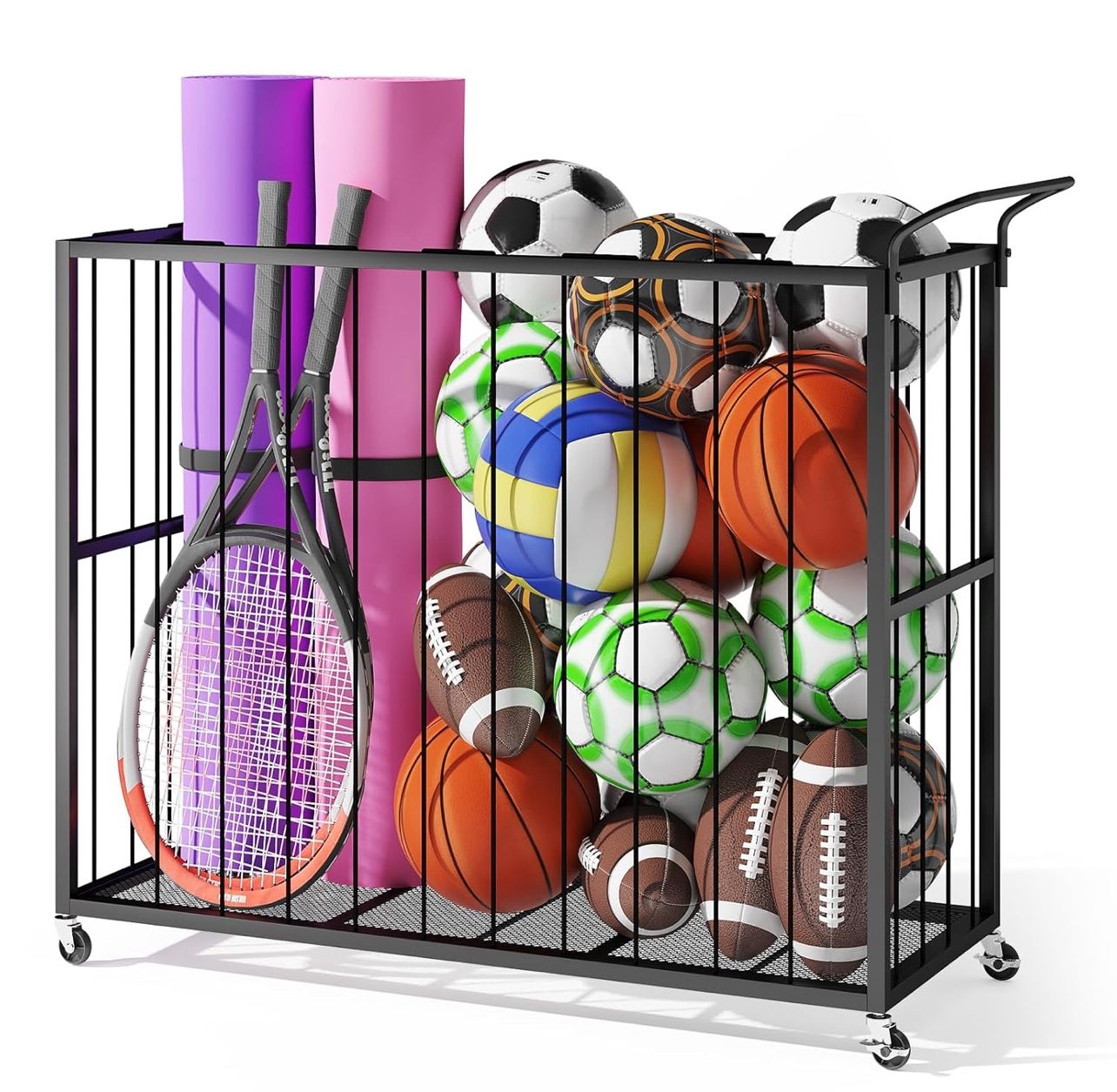 Ball Storage Bin Rolling Sports Ball Cart, Metal Garage Organizer R(9)