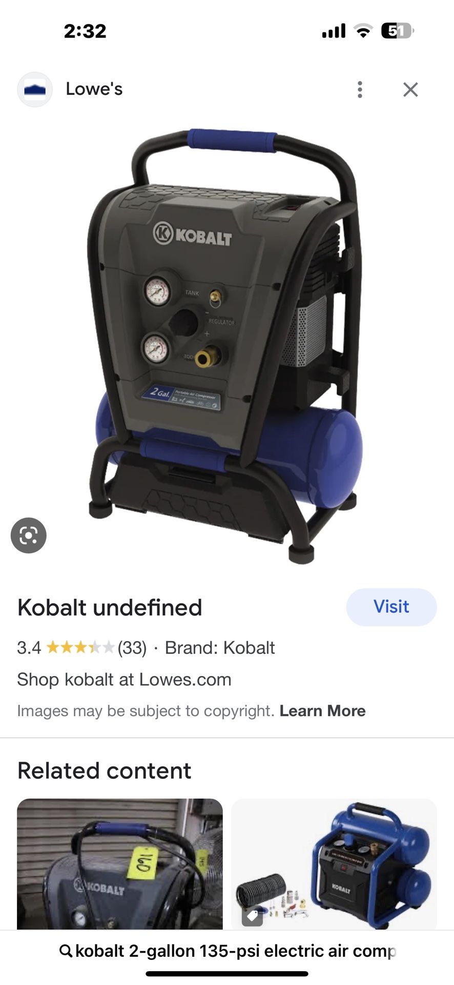 KOBALT 2 Gallon Electric Air Compressor 