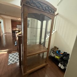 Vintage Wood & Glass Curio Display Cabinet with Carved Details