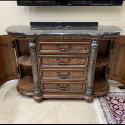 Antique Entertainment Center ! Marble Pillars Drawers Real Wood 