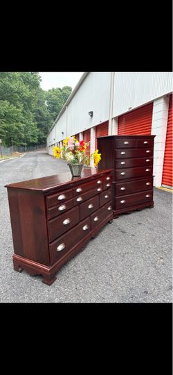 Modern solid wood set: long dresser, big drawers, tall chest. Drawers sliding smoothly