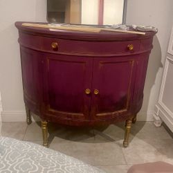Elegant Burgundy & Gold Demi-Lune Cabinet – Solid Wood