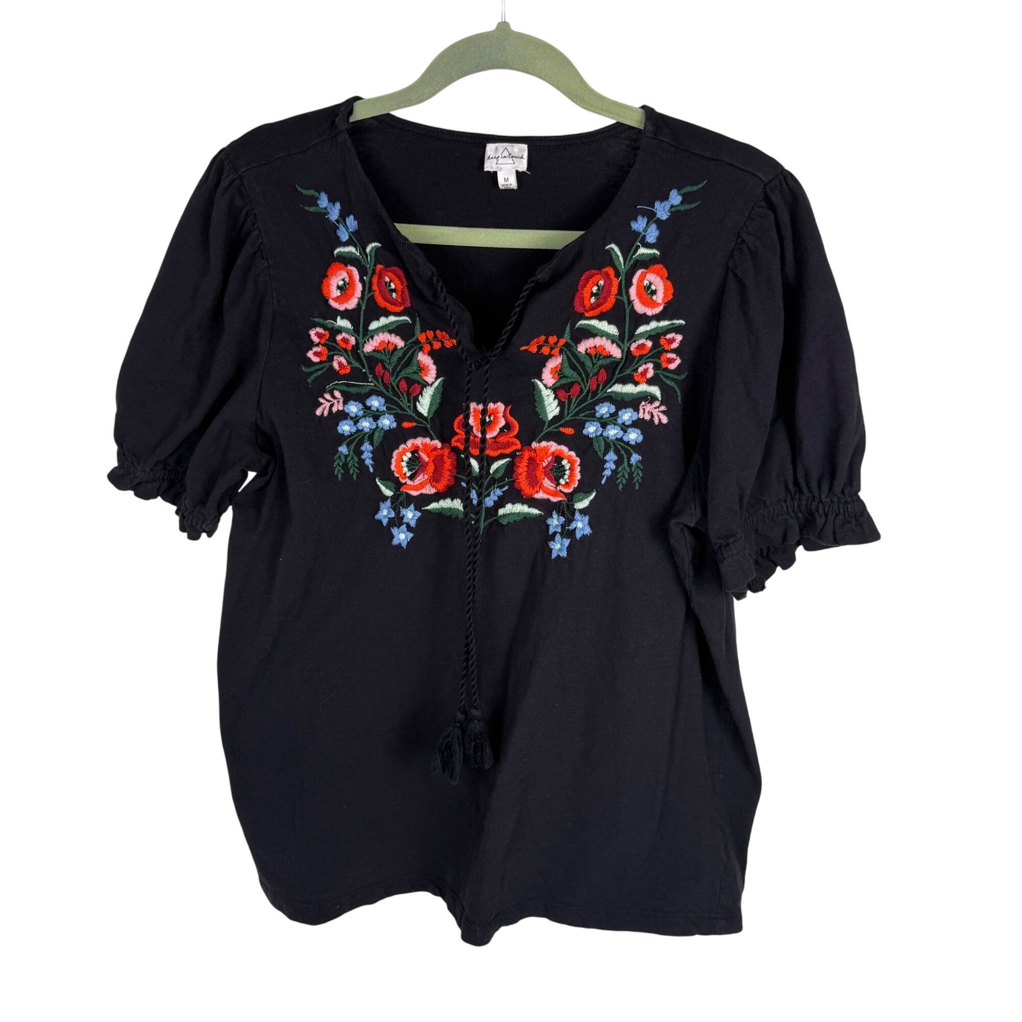 Women's Black Floral Embroidered Peasant Top Short-Sleeve Size M