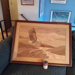 Huge 28"×38" Hudson River Wood Inlay Marquetry American Eagle Framed