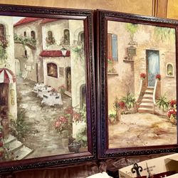 Set of 2 Large Prints on Canvass of Mediterranean-Style Street Scene Paintings,