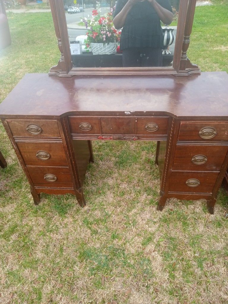 Antique Vanity With Mirror, Night Stand, Chest