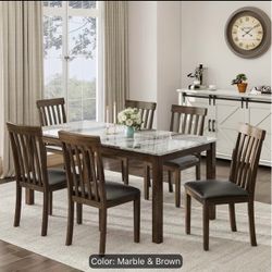 7-Piece Marble Top Dining Set with 6 Slat Back Chairs