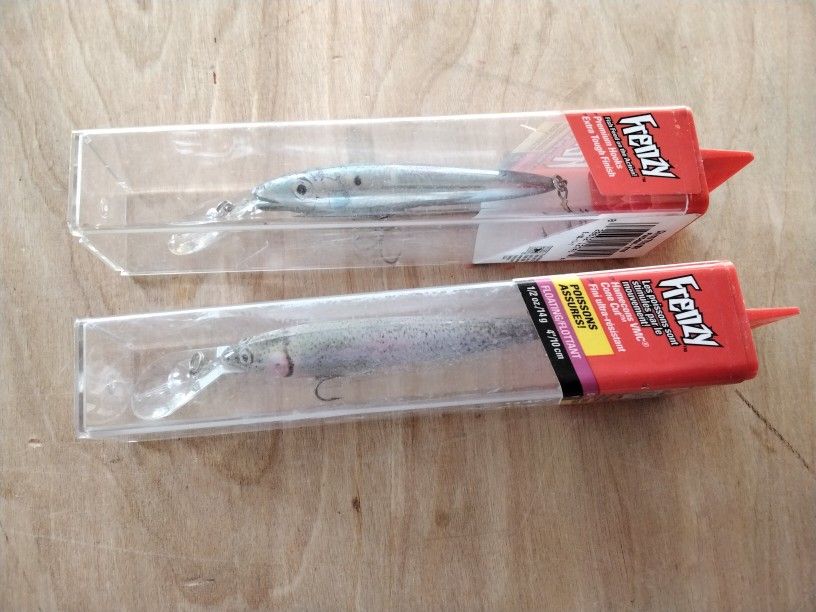 2 Berkley Frenzy Deep Diving Minnow Lures, Rainbow Trout, Chrome Threadfin Shad Pattern, New Old Stock, Bass, Trout, Striped Bass Fishing Lures