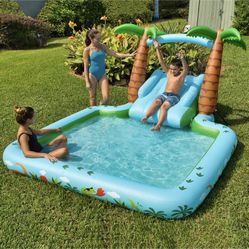 New Specifications  Portable pool Water spray arch Two-step slide Ages 3+ Easy hose connection Heavy-duty handles Heavy-gauge PVC for long-term use Sp