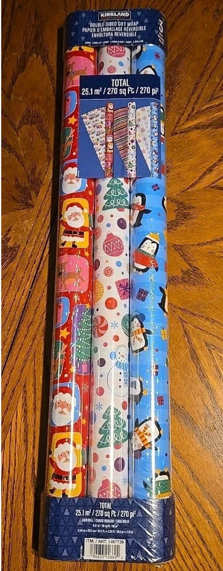 Kirkland Signature Double Sided Gift Wrap 3 Rolls 1487739, Blue/White/Red *New