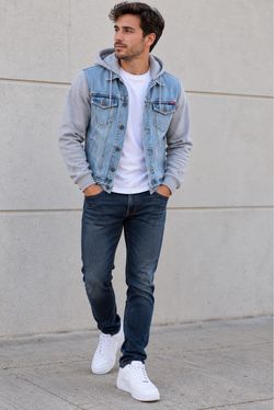 Men's Denim Jacket with Gray Hoodie Sleeves