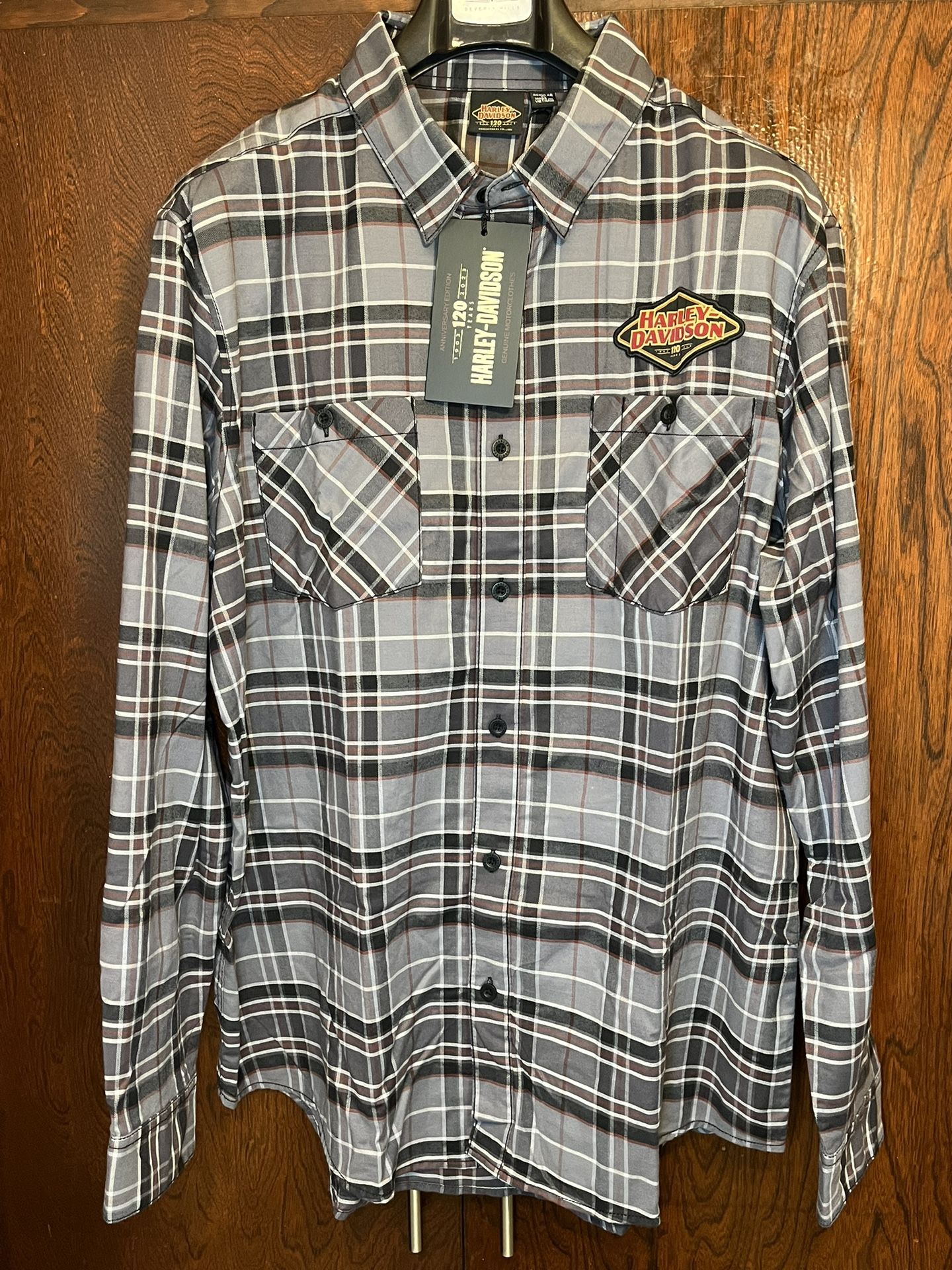 Harley Davidson 120th Anniversary Plaid Button Up Shirt Gray Mens Size XL & 2XL New