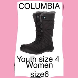 COLUMBIA SNOW -RAIN BOOTS  ( NOT BULKY)  size 4 Youth Or Fit Women's Size 6 Waterproof With Omni Heat  Insulation /pick up Dtla -Little Tokyo 35$ 