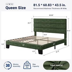 Queen Size Platform Bed Frame with Fabric Upholstered Headboard and Wooden Slats Support, Fully Upholstered Mattress Foundation/No Box Spring Needed/E
