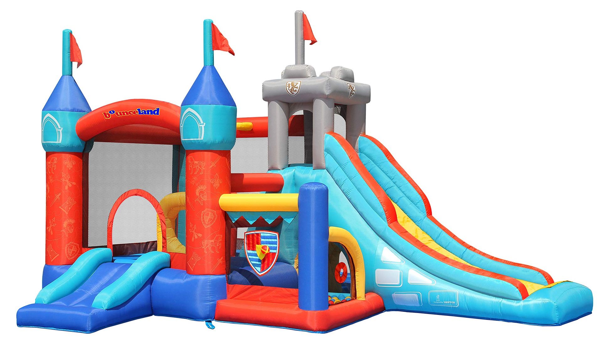 NIB Bounceland Medieval Bounce Castle Bounce House with Slide & Ball Pit, Basketball Hoop
