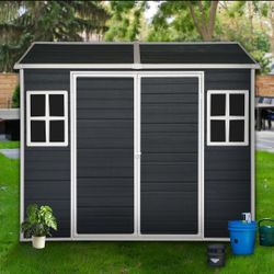 8x4ft Outdoor Resin Garden Shed with Floor and 2 Windows, Plastic Patio Outdoor Storage shed with Lockable Door for Garden Tools, Bicycles, Trash Cans