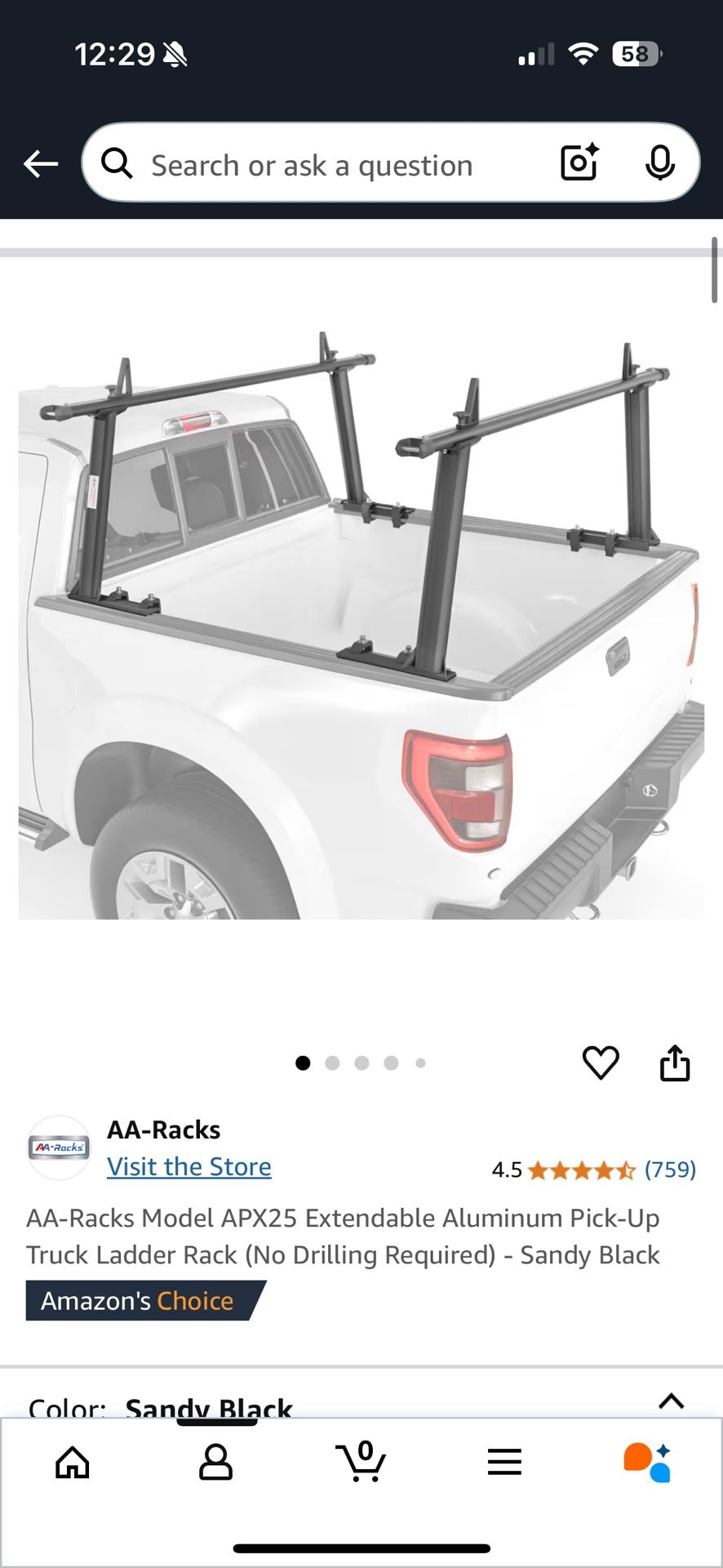 AA-Racks Model APX25 Extendable Aluminum Pick-Up Truck Ladder Rack (No Drilling Required) - Sandy Black