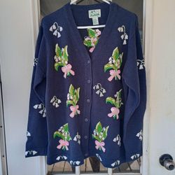 Vintage THE QUACKER FACTORY Cardigan Sweater Blue Fleur and bell flower womens