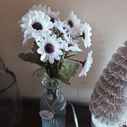 Glass Bottle Vase with White Flowers - New!