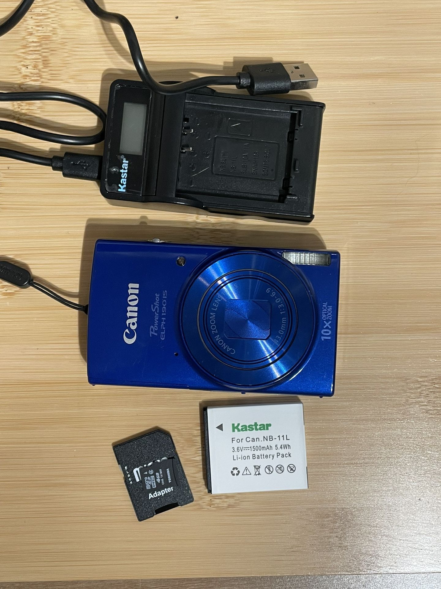 Canon Powershot Elph 190 blue digital camera 20 MP -Tested Works  Flash zoom video photo all works. Charger, battery and 4GB memory card included