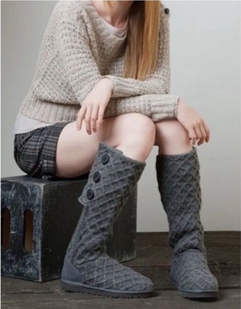 Ugg Womens Gray Australia Lattice Button Knit Tall Boots Size US 8