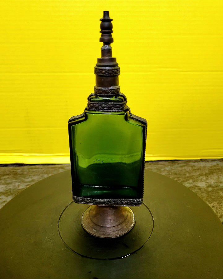 Antique Moroccan Perfume Bottle Footed Moorish Green Sprinkler Embossed Metal Overlay Rare 8"