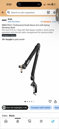 RØDE PSA1+ Professional Studio Boom Arm with Spring Damping, Black