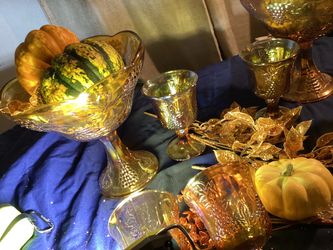 Amber Carnival Glass Compote and Goblet Set