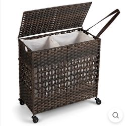 Laundry Hamper with Wheels and Lid, 33 Gal (125L) Wicker Laundry Basket, 2 Removable Liner Bags