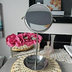 NEW IKEA CHROME SILVER METAL SWIVEL TABLE BATHROOM ROOM VANITY TABLE MAKEUP MIRROR JEWELRY BOWL DISH HOLDER