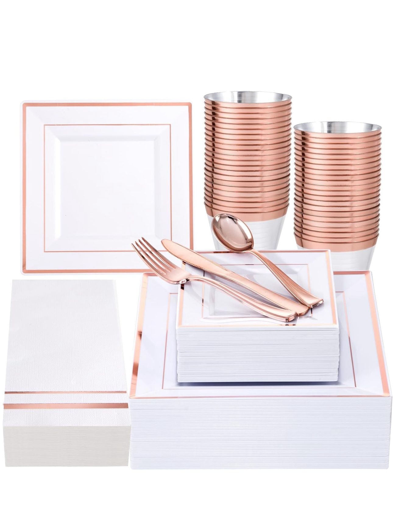 Festiva 350Pcs Rose Gold Plates and Napkins Party Supplies-Square White and Rose Gold Disposable Dinnerware include Plates Cups Cutlery Napkins for 50