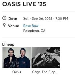 Oasis Live 25 Tickets Rose Bowl 9/6/25 Pasadena CA