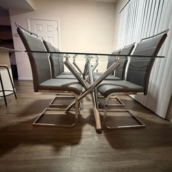 Modern Glass Dining Table w/ Chrome X-Base + 6 Chairs