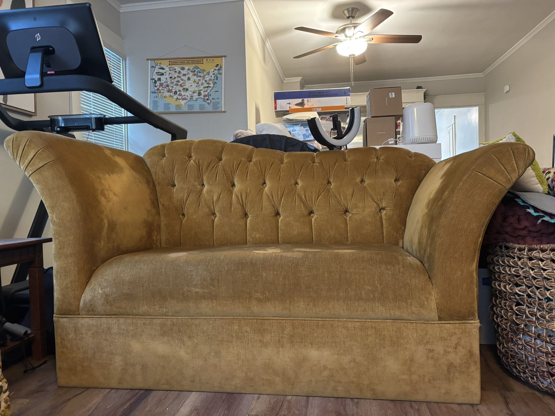 Super unique velvet yellow loveseat