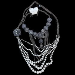 2 Vintage Style Boho Victorian Multi-Strand Pearl & Gunmetal Statement Necklaces