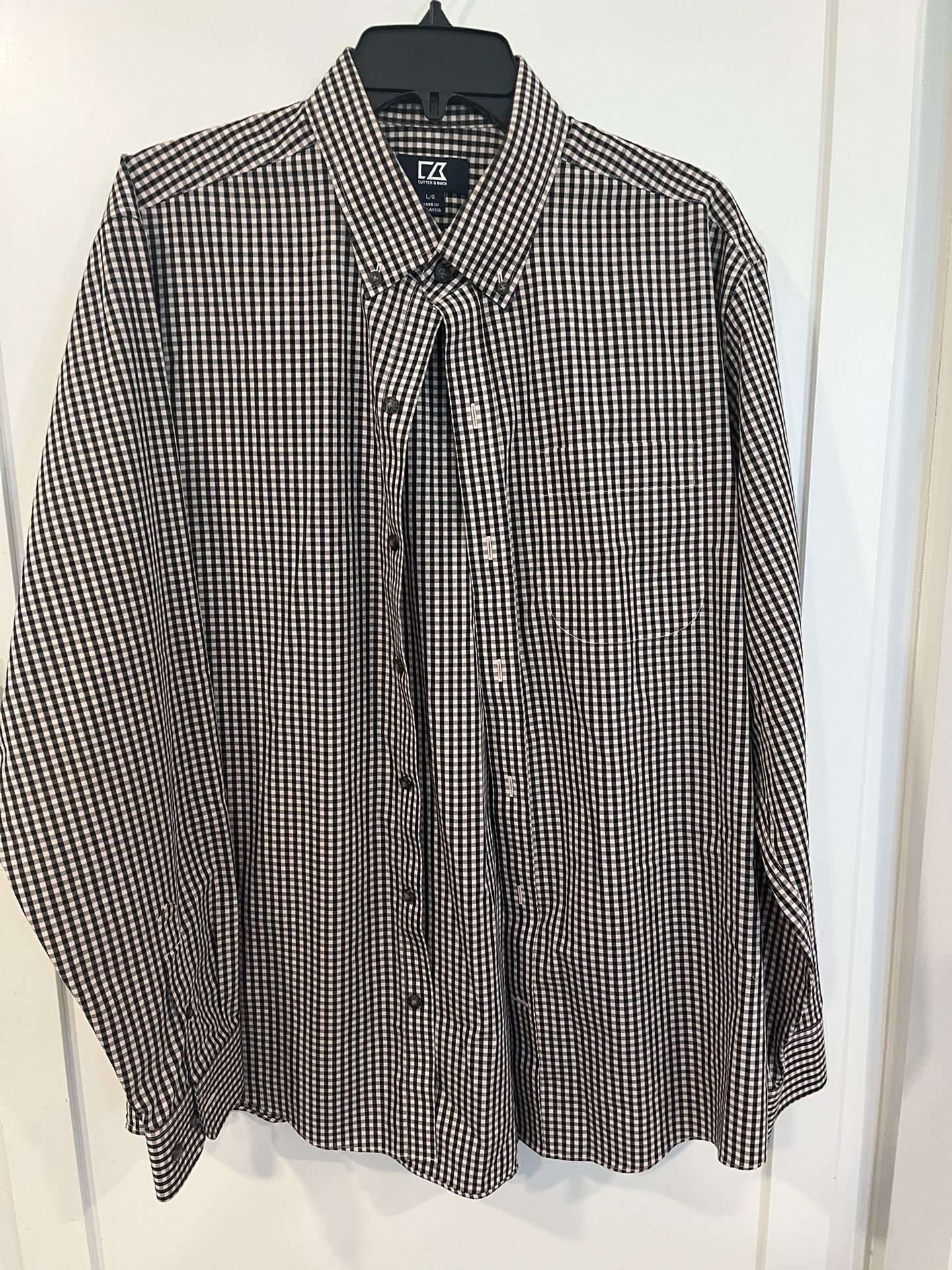 Cutter & Buck Shirt Mens Large Beige Brown Plaid Cotton Button Up