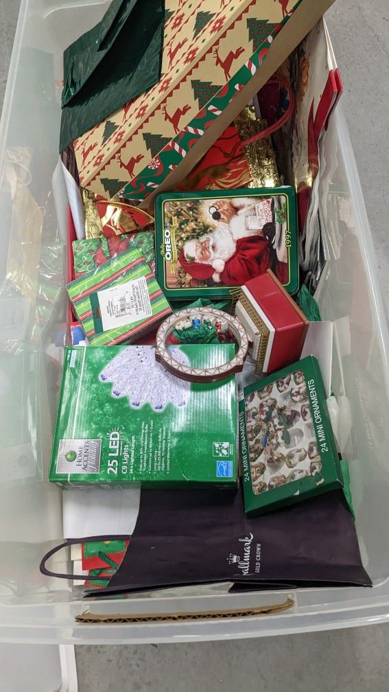 CHRISTMAS LIGHTS, SHOPPING BAGS, MINI ORNAMENTS-WHATEVER YOU SEE IN TOTE INCLUDING TOTE- BELIEVE IT IS A LARGE TOTE!