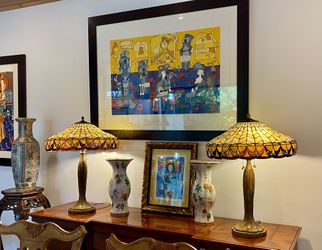 Amazing Pair Of Stained Glass Lamps Signed