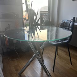 Round Glass Dining Table - Clear Tempered Glass Top with 3 Chrome Legs
