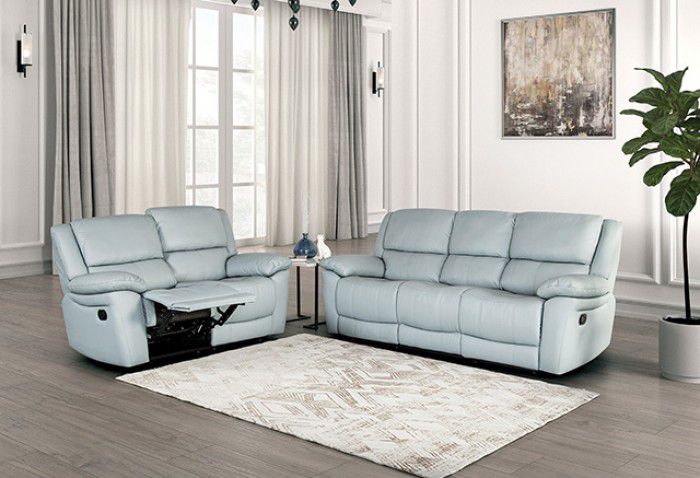 Brand New Power Blue Leather Reclining Sofa & Loveseat 