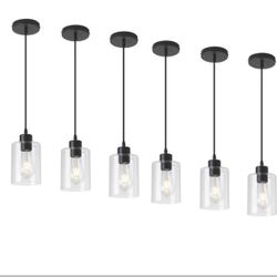 Set of 6 Modern Black Farmhouse Clear Glass Cylinder Pendant Light Fixtures