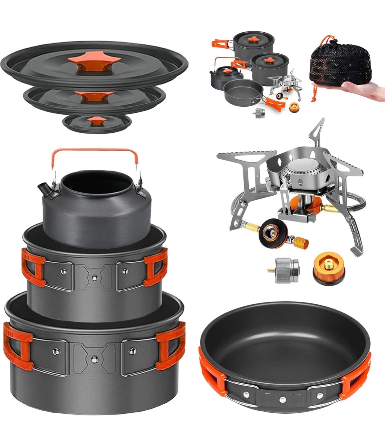 Camping Cookware Mess Kit Set with Stove - Backpacking Camping Pots and Pans Set