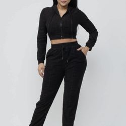 Women Two-Piece Crop Top Jogger Set, Black, Large