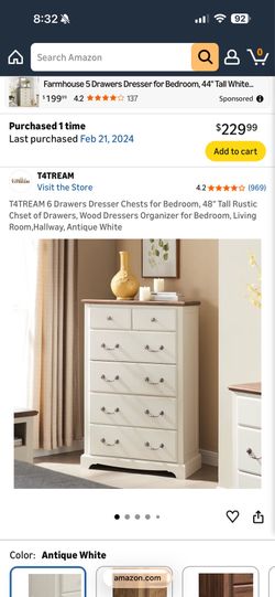 T4TREAM 6 Drawers Dresser Chests for Bedroom, 48" Tall Rustic Chset of Drawers, Wood Dressers Organizer for Bedroom, Living Room,Hallway, Antique Whit
