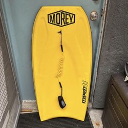 Morey Mach 11 Tube Rail Boogie Body Board Yellow Faux Wood with Leash 42"