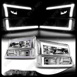 J-HALOS LED DRL]FOR 03-07 AVALANCHE SILVERADO Chrome Clear Bumper Headlights