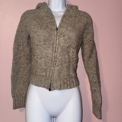 Abercrombie & Fitch Womens 100% Wool Full Zip Hooded Sweater Gray Chunky Knit medium, vintage