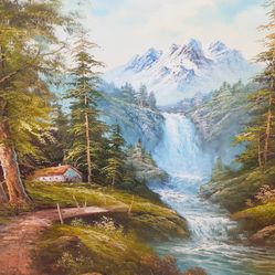 Waterfall & Mountain Oil Painting 