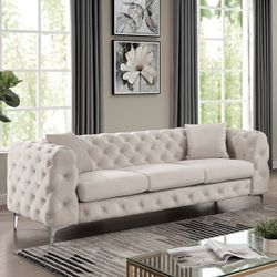 MODERN GLAM CHESTERFIELD STYLE BEIGE VELVET LIKE SOFA COUCH - SILLON