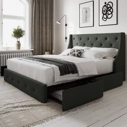 Queen Size Bed Frame with 4 Storage Drawers and Button Tufted & Wingback Headboard, Dark Grey [NEW] **Assembly Req** 